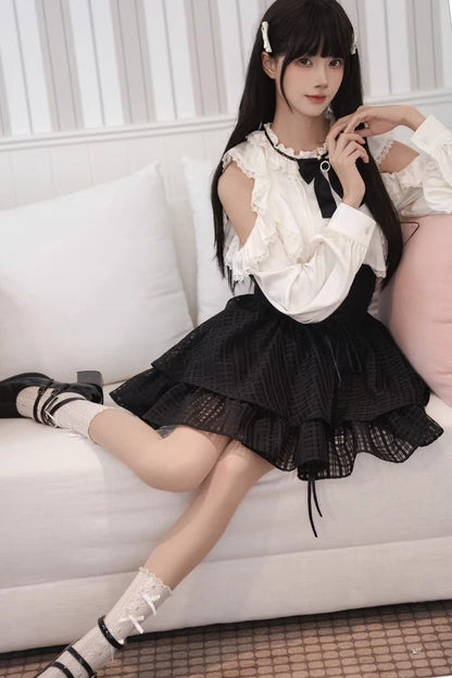 Gothic Lolita Skirt - Black/white Round Collar, 2 Colors, Classic Style, Bow Detail - additional product view 4