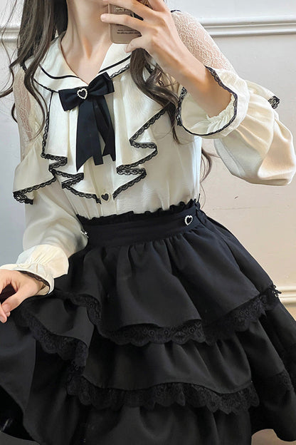Gothic Lolita Skirt - Black/white Sailor Collar, 2 Colors, Layered, Long Sleeves - additional product view 2