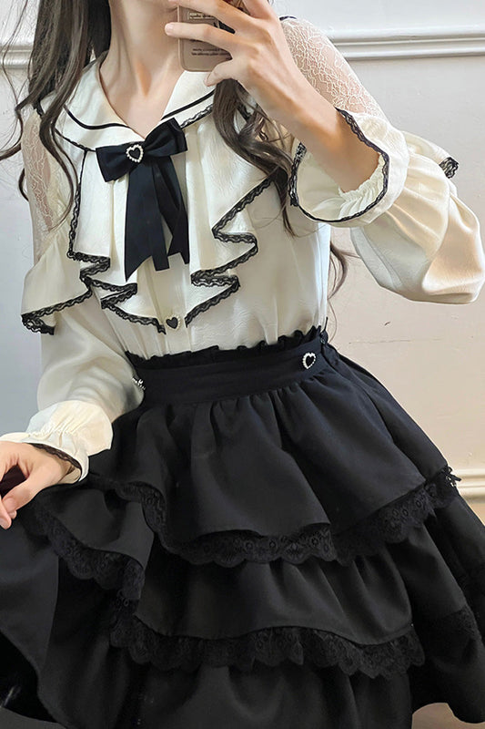 Gothic Lolita Skirt - Black/white Sailor Collar, 2 Colors, Layered, Long Sleeves - additional product view 2