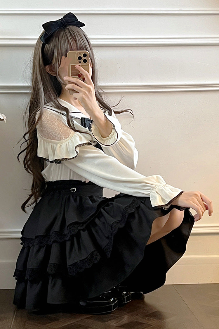 Gothic Lolita Skirt - Black/white Sailor Collar, 2 Colors, Layered, Long Sleeves - additional product view 3