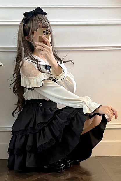 Gothic Lolita Skirt - Black/white Sailor Collar, 2 Colors, Layered, Long Sleeves - additional product view 3