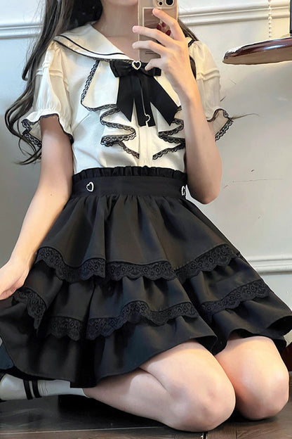 Gothic Lolita Skirt - Black/white Sailor Collar, 2 Colors, Layered, Long Sleeves - additional product view 6