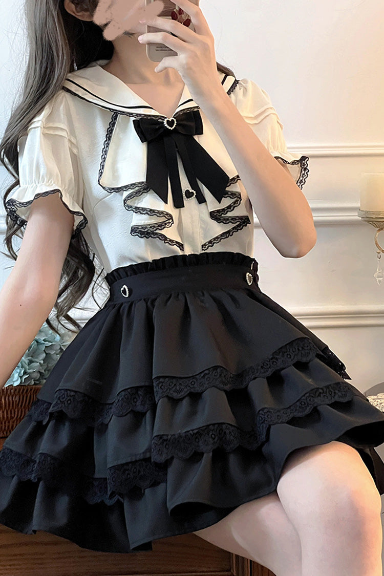 Gothic Lolita Skirt - Black/white Sailor Collar, 2 Colors, Layered, Long Sleeves - S Black/White Short Sleeve / M Black/White Short Sleeve / L Black/White Short Sleeve option