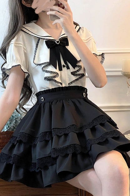 Gothic Lolita Skirt - Black/white Sailor Collar, 2 Colors, Layered, Long Sleeves - S Black/White Short Sleeve / M Black/White Short Sleeve / L Black/White Short Sleeve option