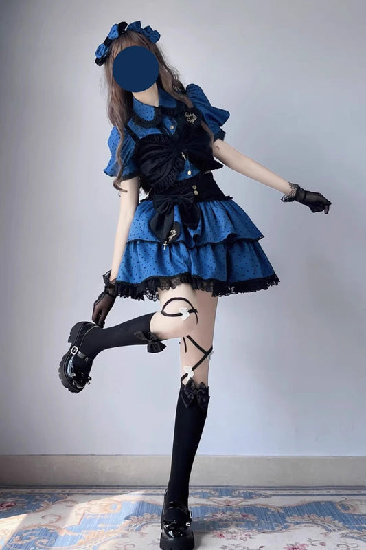 Gothic Lolita Skirt - Blue/black Multi-layer Polka Dot, 2 Colors, Bow Detail, Printed - additional product view 2
