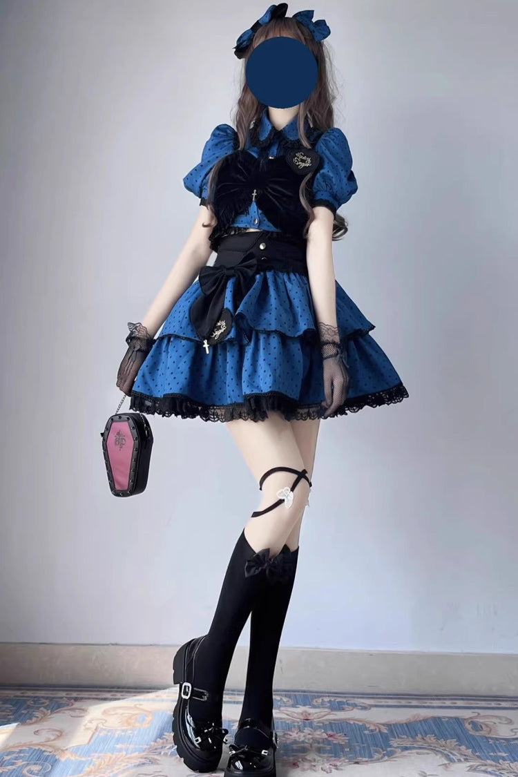 Gothic Lolita Skirt - Blue/black Multi-layer Polka Dot, 2 Colors, Bow Detail, Printed - additional product view 3