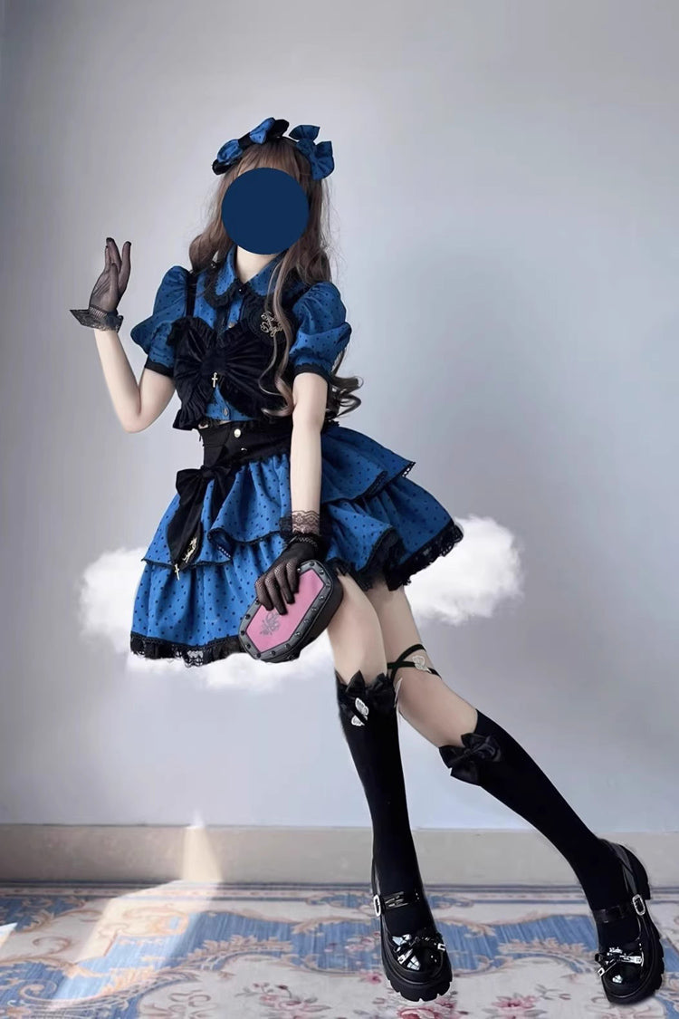 Gothic Lolita Skirt - Blue/black Multi-layer Polka Dot, 2 Colors, Bow Detail, Printed - additional product view 4
