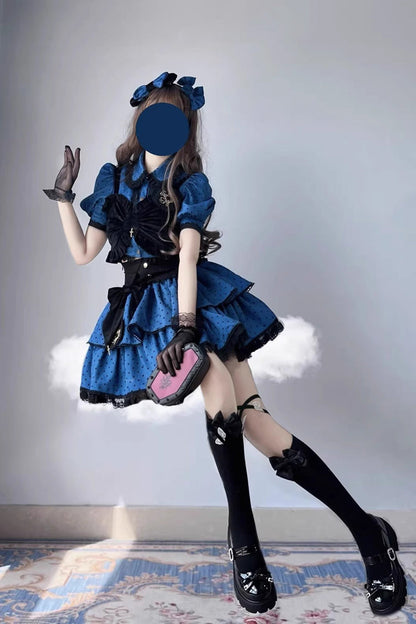 Gothic Lolita Skirt - Blue/black Multi-layer Polka Dot, 2 Colors, Bow Detail, Printed - additional product view 4