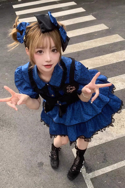 Gothic Lolita Skirt - Blue/black Multi-layer Polka Dot, 2 Colors, Bow Detail, Printed - additional product view 5