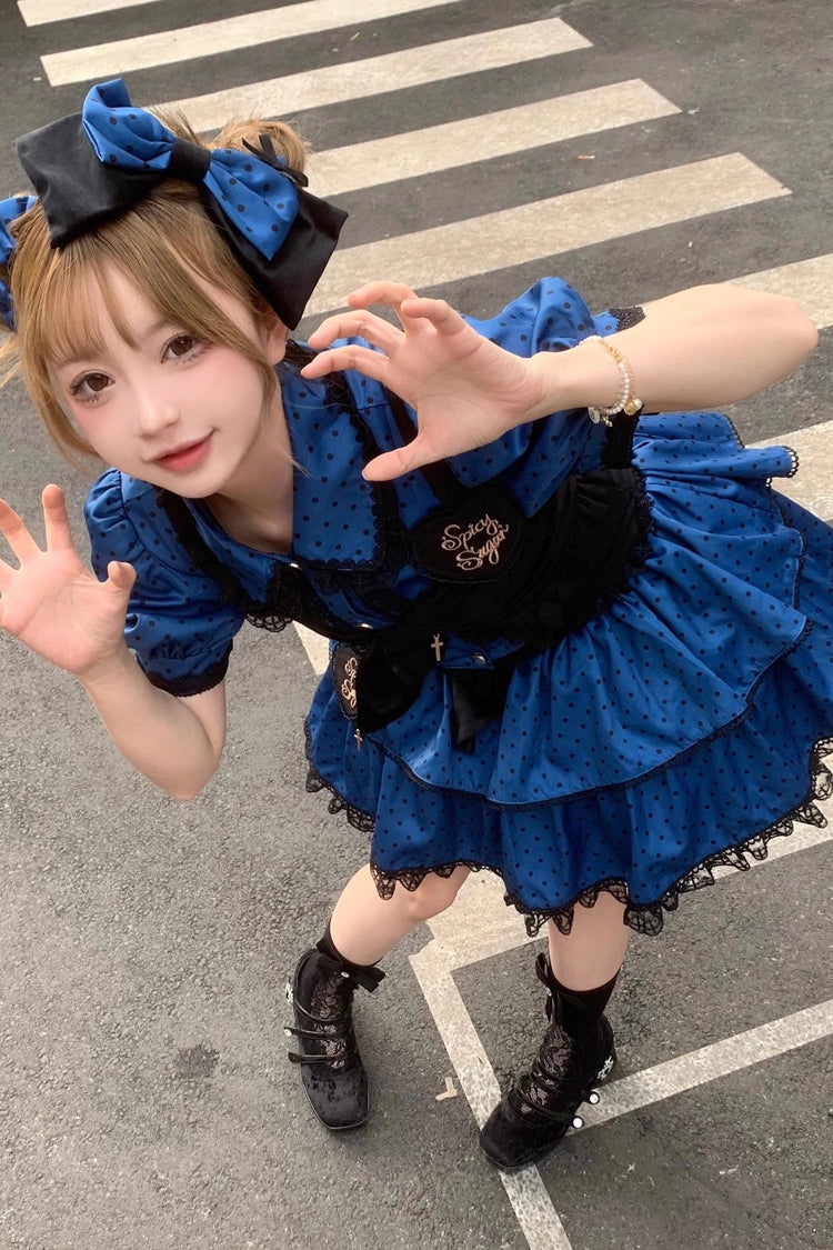 Gothic Lolita Skirt - Blue/black Multi-layer Polka Dot, 2 Colors, Bow Detail, Printed - additional product view 6
