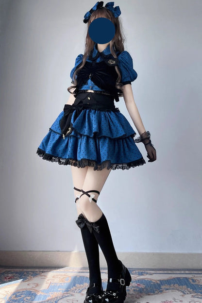 Gothic Lolita Skirt - Blue/black Multi-layer Polka Dot, 2 Colors, Bow Detail, Printed - main product image