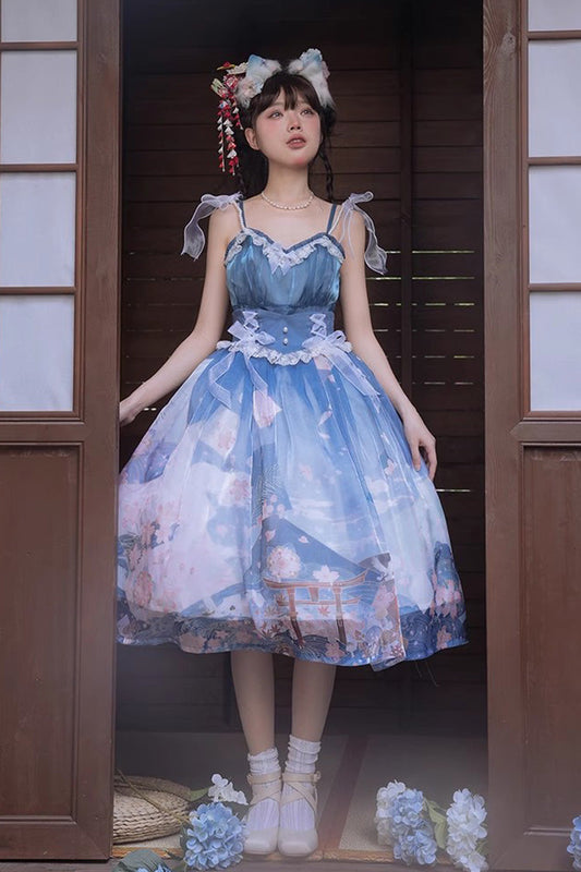Gothic Lolita Skirt - Blue/pink Mount Fuji Cherry, 2 Colors, Printed, Sweet Style - additional product view 2