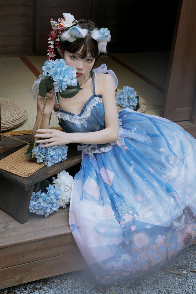 Gothic Lolita Skirt - Blue/pink Mount Fuji Cherry, 2 Colors, Printed, Sweet Style - additional product view 3