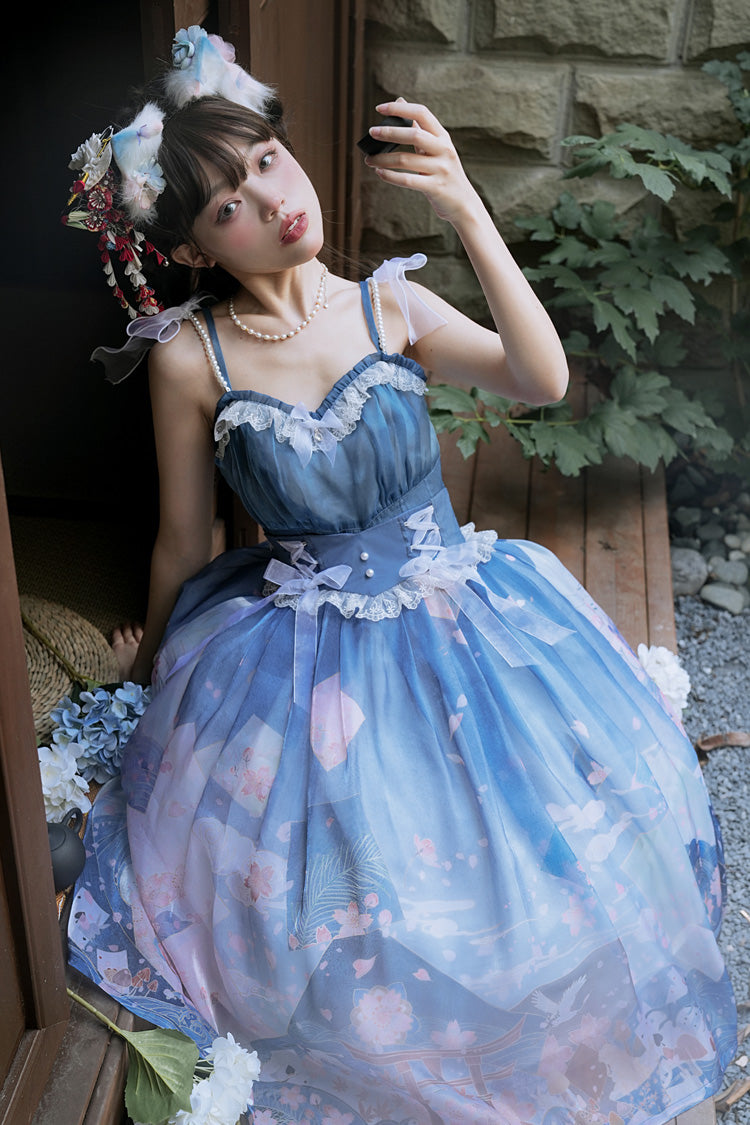 Gothic Lolita Skirt - Blue/pink Mount Fuji Cherry, 2 Colors, Printed, Sweet Style - additional product view 4