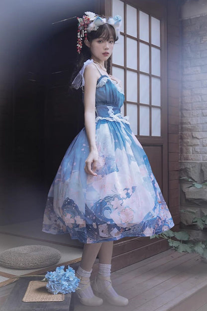 Gothic Lolita Skirt - Blue/pink Mount Fuji Cherry, 2 Colors, Printed, Sweet Style - additional product view 5