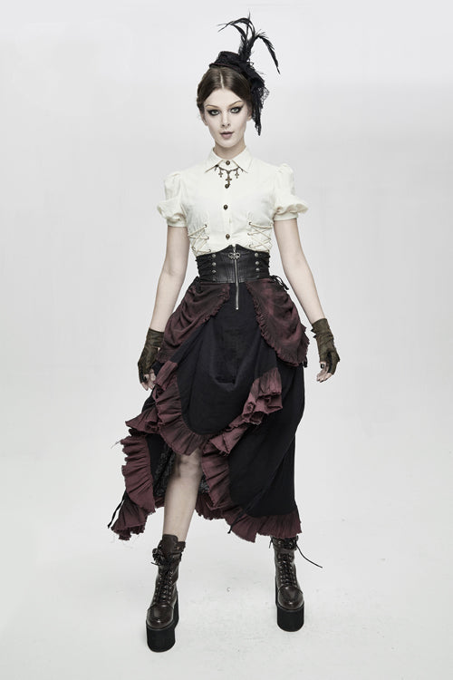 Gothic Lolita Skirt - Burgundy Printed Drawstring, Burgundy, Pleated, Zipper Detail - additional product view 5