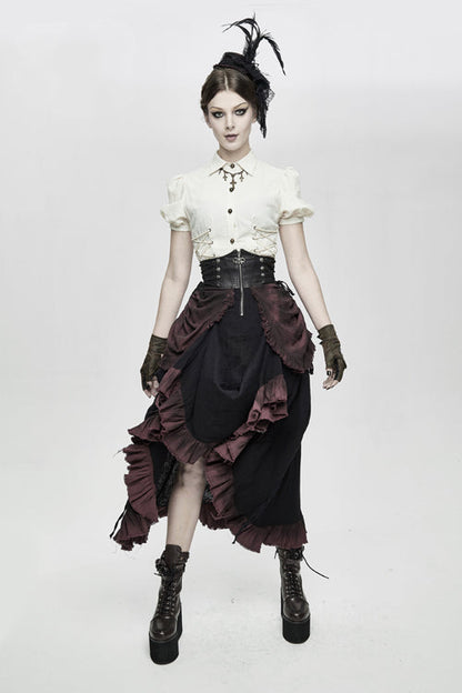Gothic Lolita Skirt - Burgundy Printed Drawstring, Burgundy, Pleated, Zipper Detail - additional product view 5
