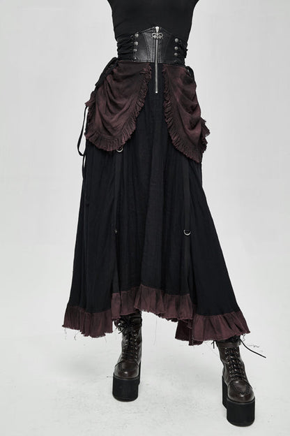 Gothic Lolita Skirt - Burgundy Printed Drawstring, Burgundy, Pleated, Zipper Detail - main product image