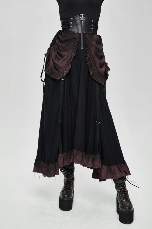Gothic Lolita Skirt - Burgundy Printed Drawstring, Burgundy, Pleated, Zipper Detail - main product image