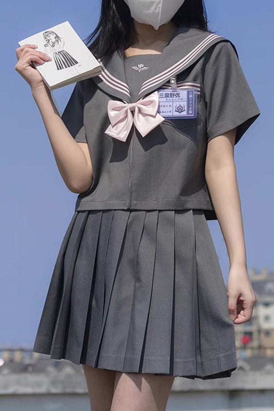 Gothic Lolita Skirt - College Style Navy Collar, Gray, Pleated, Long Sleeves, Sweet Style - main product image