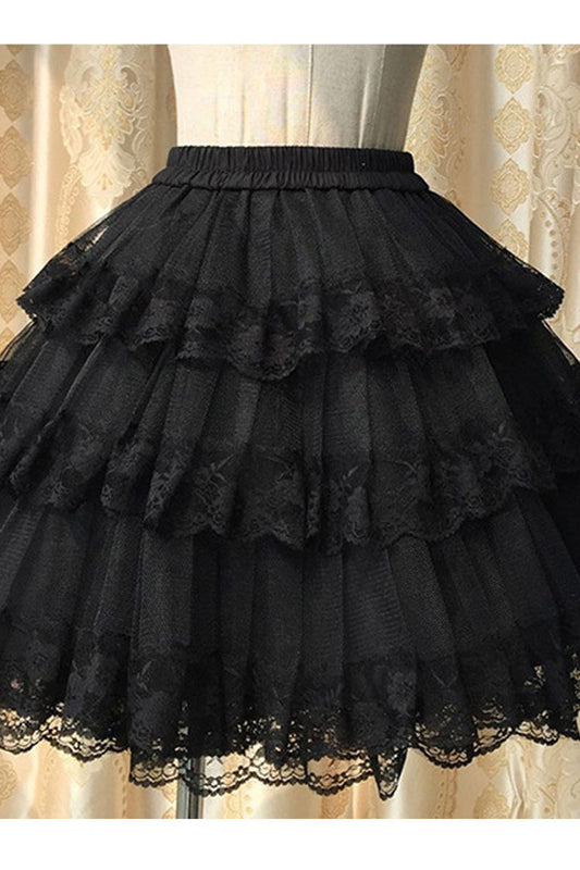 Gothic Lolita Skirt - Cotton Organza Lining, Black, Layered, Lace Trim - main product image