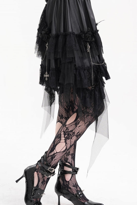 Gothic Lolita Skirt - Cross Chain Ruffle Lace, Black, High-Low Hem, Women's Style - additional product view 2