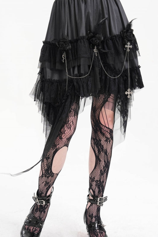 Gothic Lolita Skirt - Cross Chain Ruffle Lace, Black, High-Low Hem, Women's Style - main product image
