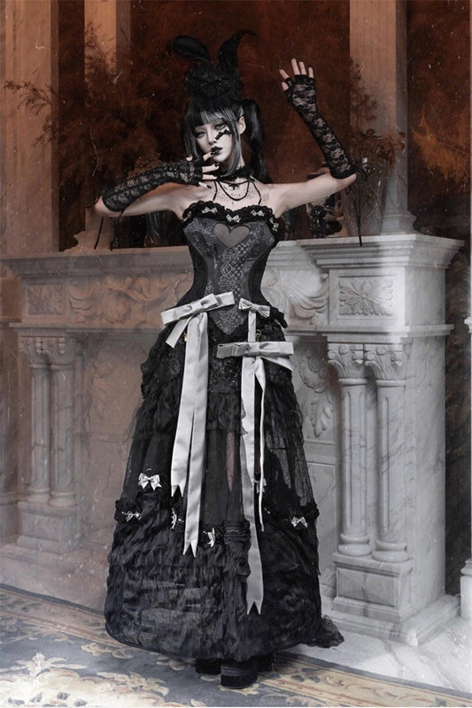 Gothic Lolita Skirt - Cupid’s Magic Box, Black, Long Length, Lace Trim, Ruffled - additional product view 2
