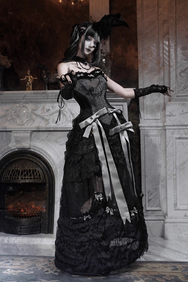 Gothic Lolita Skirt - Cupid’s Magic Box, Black, Long Length, Lace Trim, Ruffled - additional product view 5