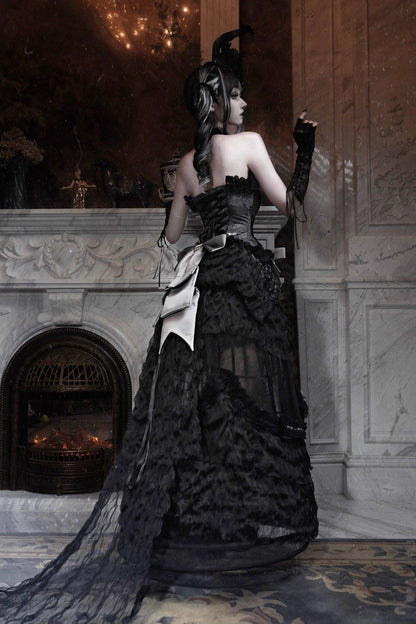 Gothic Lolita Skirt - Cupid’s Magic Box, Black, Long Length, Lace Trim, Ruffled - additional product view 6