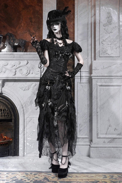 Gothic Lolita Skirt - Cupid’s Magic Box, Black, Long Length, Lace Trim, Ruffled - additional product view 10