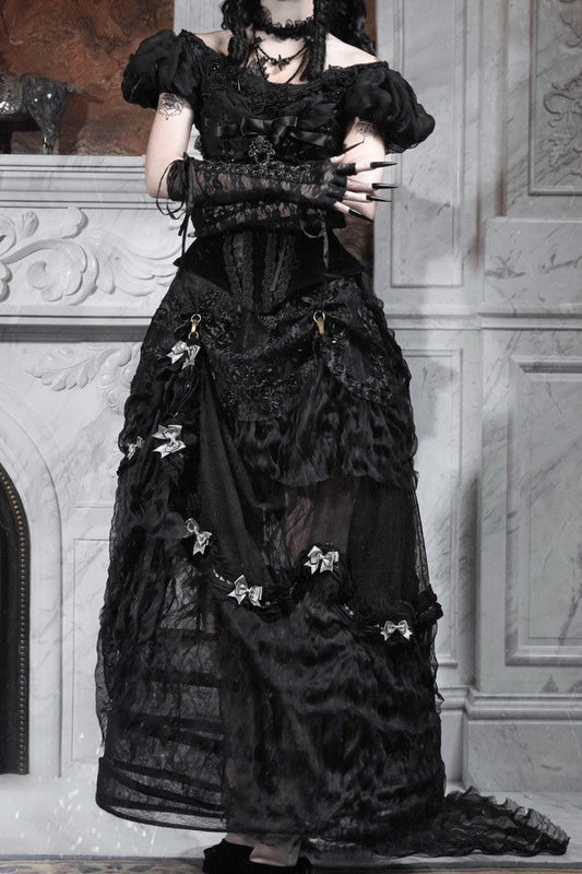 Gothic Lolita Skirt - Cupid’s Magic Box, Black, Long Length, Lace Trim, Ruffled - main product image