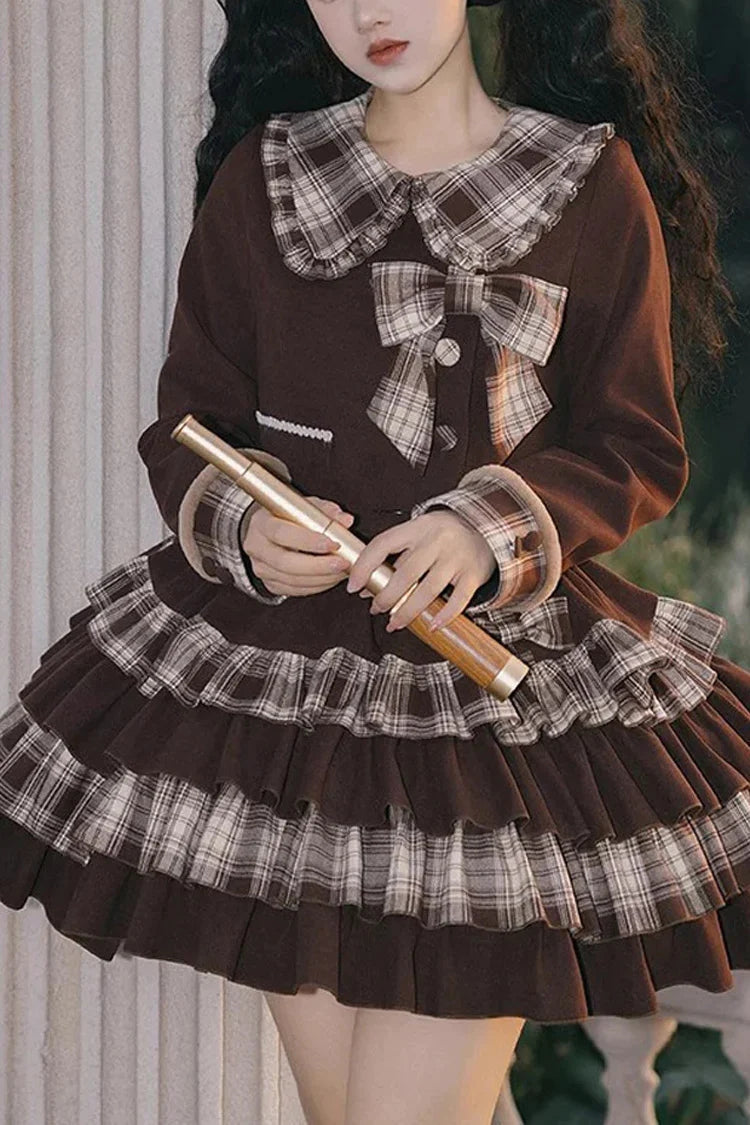 Gothic Lolita Skirt - Dark Brown Multi-layer, Brown, Bow Detail, Sweet Style - main product image