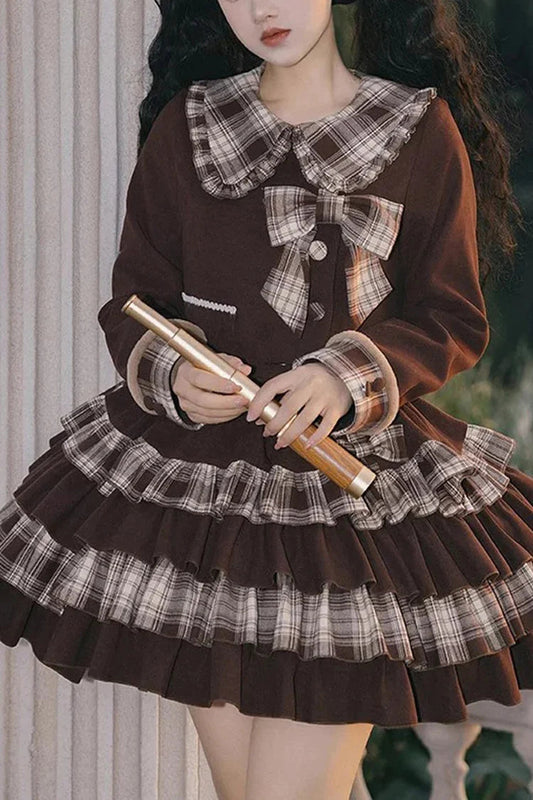 Gothic Lolita Skirt - Dark Brown Multi-layer, Brown, Bow Detail, Sweet Style - main product image