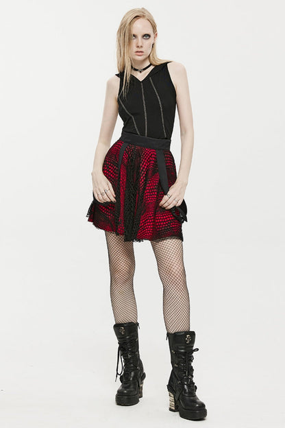 Gothic Lolita Skirt - Double-layer Hollow Stitching, Red, Women's Style, Lace Trim - additional product view 4