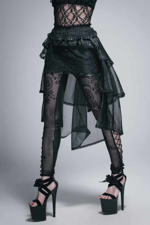 Gothic Lolita Skirt - Elastic Waist Organza Swing, Black, Women's Style, Lace Trim - additional product view 2