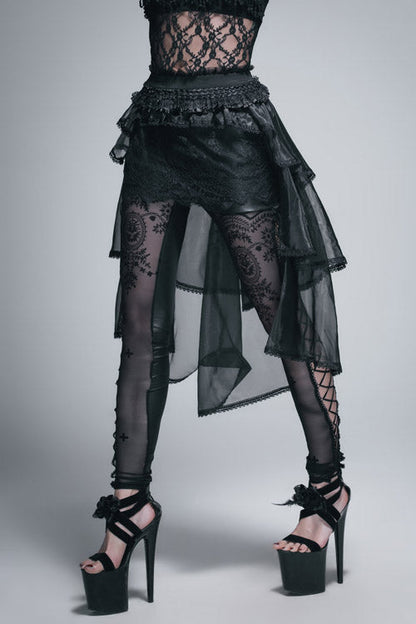 Gothic Lolita Skirt - Elastic Waist Organza Swing, Black, Women's Style, Lace Trim - additional product view 2