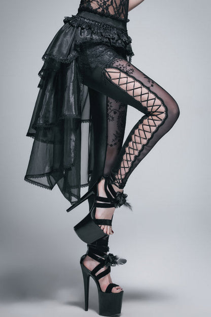 Gothic Lolita Skirt - Elastic Waist Organza Swing, Black, Women's Style, Lace Trim - additional product view 3