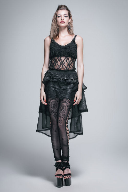 Gothic Lolita Skirt - Elastic Waist Organza Swing, Black, Women's Style, Lace Trim - additional product view 6