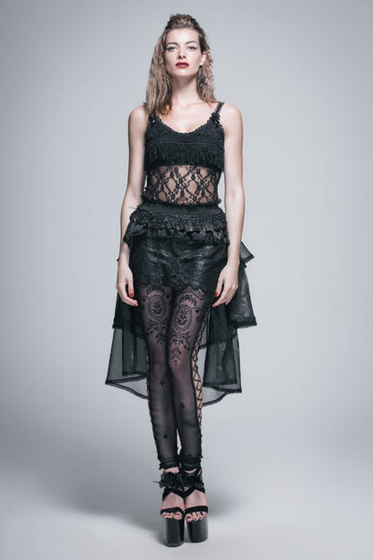 Gothic Lolita Skirt - Elastic Waist Organza Swing, Black, Women's Style, Lace Trim - additional product view 6