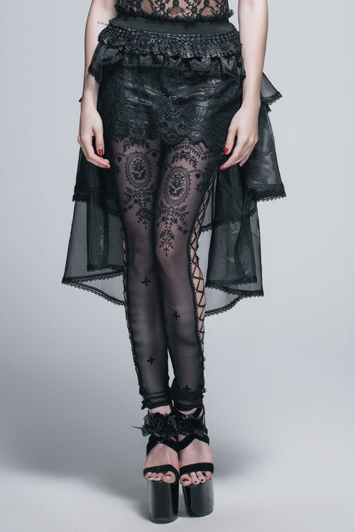 Gothic Lolita Skirt - Elastic Waist Organza Swing, Black, Women's Style, Lace Trim - main product image