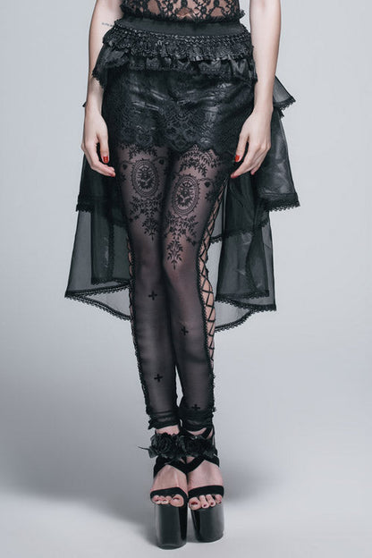 Gothic Lolita Skirt - Elastic Waist Organza Swing, Black, Women's Style, Lace Trim - main product image
