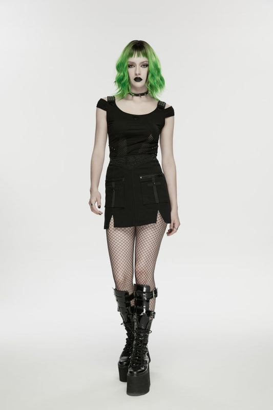 Gothic Lolita Skirt - Embroidered Zippered Skull, Black, Zipper Detail, Women's Style - main product image