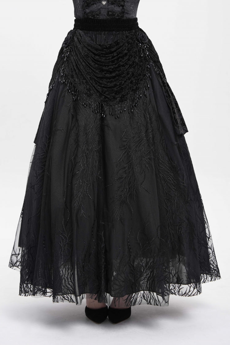 Gothic Lolita Skirt - Floral, Black, Long Length, Women's Style, Embroidered - additional product view 2