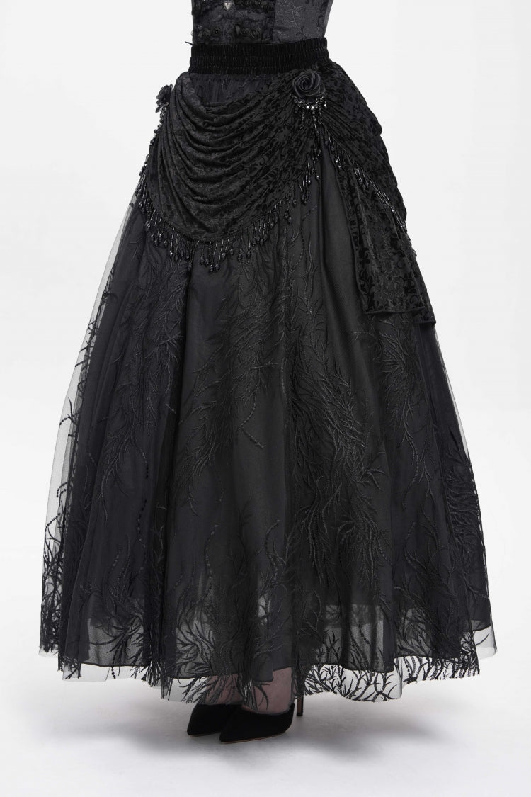 Gothic Lolita Skirt - Floral, Black, Long Length, Women's Style, Embroidered - additional product view 3