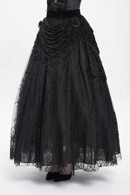 Gothic Lolita Skirt - Floral, Black, Long Length, Women's Style, Embroidered - additional product view 3