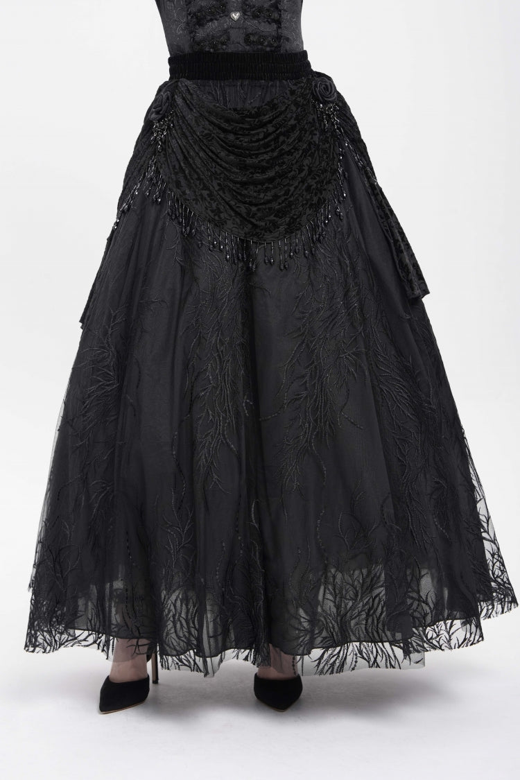 Gothic Lolita Skirt - Floral, Black, Long Length, Women's Style, Embroidered - main product image