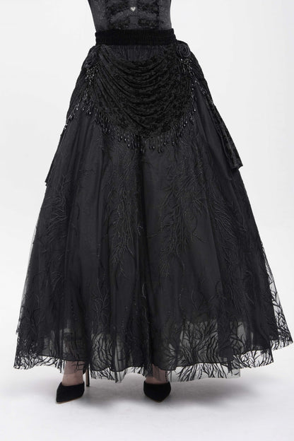 Gothic Lolita Skirt - Floral, Black, Long Length, Women's Style, Embroidered - main product image