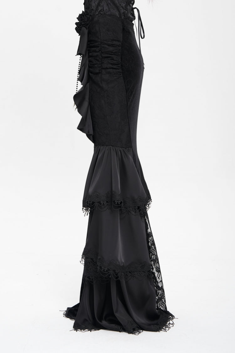 Gothic Lolita Skirt - Floral Print Lace-up Rose Chain, Black, Fishtail Silhouette - additional product view 2