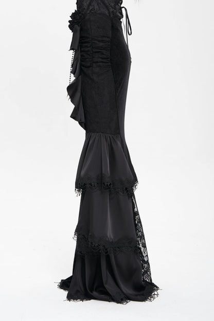 Gothic Lolita Skirt - Floral Print Lace-up Rose Chain, Black, Fishtail Silhouette - additional product view 2